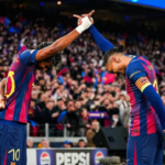 Lamine Yamal and Raphinha celebrating in Barcelona win over Newcastle