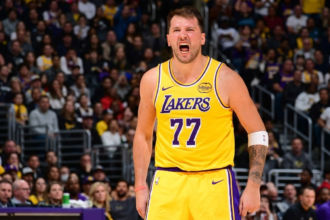 Luka Doncic screaming after making 51 points for LA Lakers