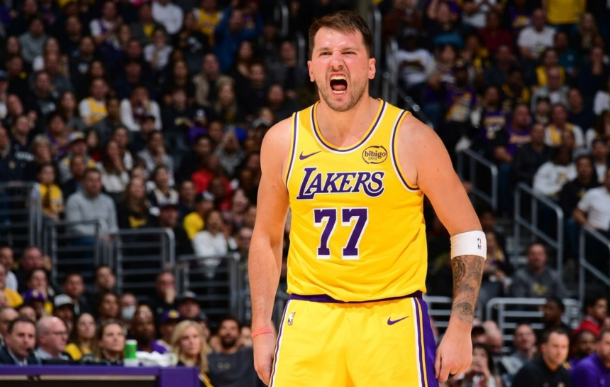 Luka Doncic screaming after making 51 points for LA Lakers