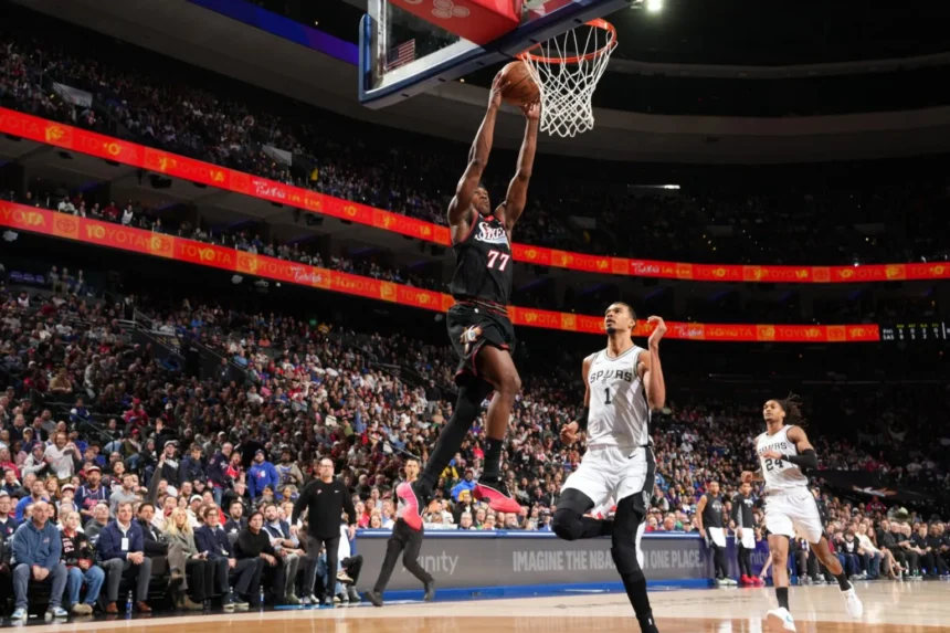 VJ Edgecombe is one of three rookies in the NBA averaging at least 15.0 points, 5.0 rebounds, and 3.0 assists per game.