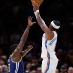 OKLAHOMA CITY THUNDER — Lowering his shoulders, Shai Gilgeous-Alexander eyed Draymond Green one-on-one. In a matchup between the reigning MVP and former DPOY winner, OKC's superstar went with his signature stepback 3-pointer to hit the dagger.