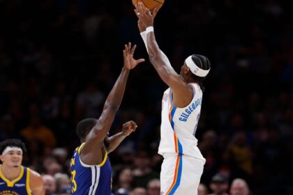 OKLAHOMA CITY THUNDER — Lowering his shoulders, Shai Gilgeous-Alexander eyed Draymond Green one-on-one. In a matchup between the reigning MVP and former DPOY winner, OKC's superstar went with his signature stepback 3-pointer to hit the dagger.