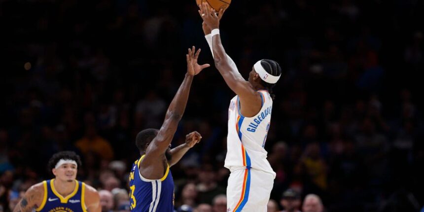 OKLAHOMA CITY THUNDER — Lowering his shoulders, Shai Gilgeous-Alexander eyed Draymond Green one-on-one. In a matchup between the reigning MVP and former DPOY winner, OKC's superstar went with his signature stepback 3-pointer to hit the dagger.