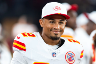 Trent McDuffie in Kansas City Chief Jersey after the game.