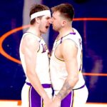 Austin Reeves and Luka Doncic screaming at each other, in Lakers win over New York Knicks