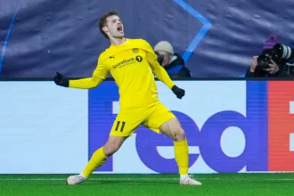Ole Didrik Blomberg after scoring his second goal for Bodo Glimt against Sporting Lisbon