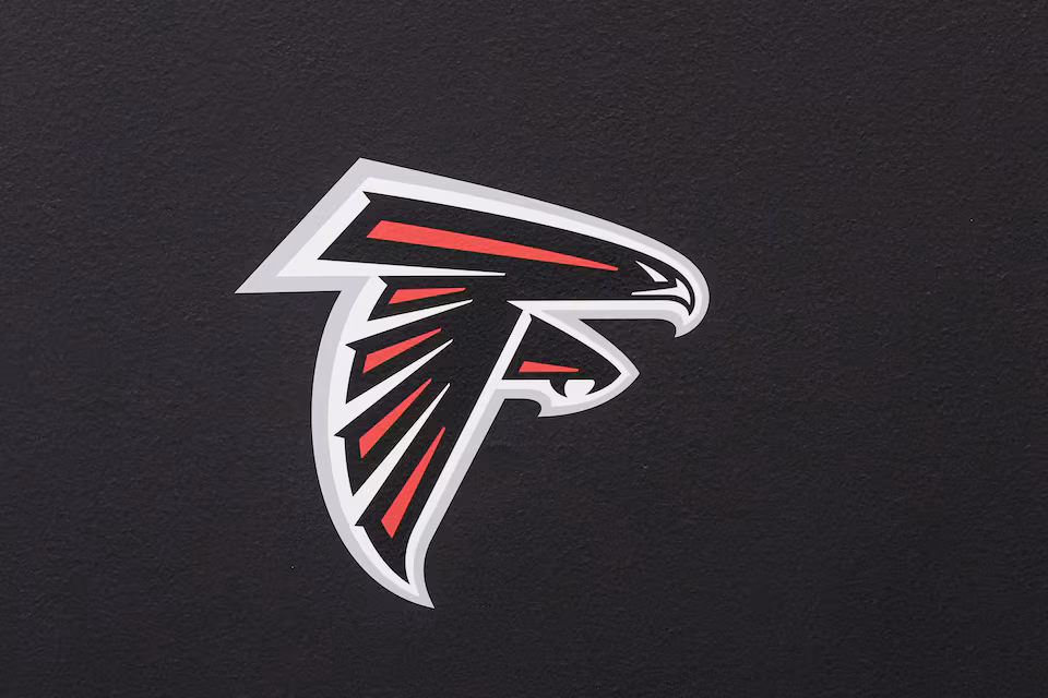 An Atlanta Falcons logo in the media room before the start of Falcons OTA at the Falcons Training facility.
