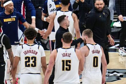 Cam Johnson, Nikola Jokic, and Christian Braun in Denver Nugget's win