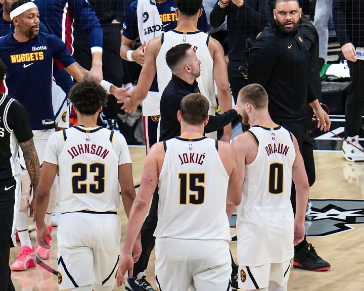 Cam Johnson, Nikola Jokic, and Christian Braun in Denver Nugget's win