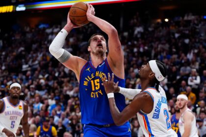 Shai Gilgeous-Alexander defends Nikola Jokic during Thunder vs Nuggets playoff game