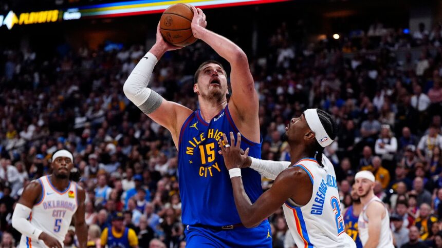 Shai Gilgeous-Alexander defends Nikola Jokic during Thunder vs Nuggets playoff game