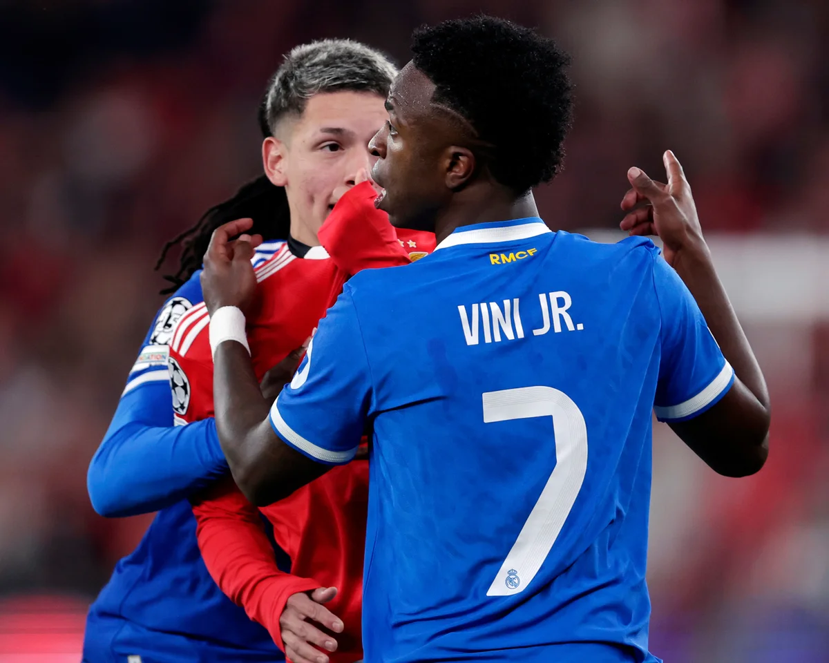 Gianluca Prestianni and Vinícius Júnior during Champions League game at Benfica.