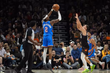 Oklahoma City Thunder guard Shai Gilgeous-Alexander (2) shoots a 3-pointer during Game 4 in a first-round NBA playoffs basketball series, on April 27