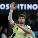 Spain’s Carlos Alcaraz gestures after losing against Russia’s Andrey Rublev during the 2024 ATP Tour Madrid Open tournament quarter-final tennis match at Caja Magica in Madrid on May 1, 2024. Two-time reigning French Open champion Carlos Alcaraz said on April 24, 2026 he will not play at this year’s tournament as he recovers from a wrist injury.”We have decided that the most prudent thing to do is to be cautious and not participate in Rome or Roland Garros,” Alcaraz said on social media.