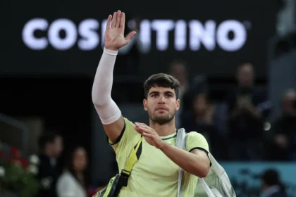 Spain’s Carlos Alcaraz gestures after losing against Russia’s Andrey Rublev during the 2024 ATP Tour Madrid Open tournament quarter-final tennis match at Caja Magica in Madrid on May 1, 2024. Two-time reigning French Open champion Carlos Alcaraz said on April 24, 2026 he will not play at this year’s tournament as he recovers from a wrist injury.”We have decided that the most prudent thing to do is to be cautious and not participate in Rome or Roland Garros,” Alcaraz said on social media.