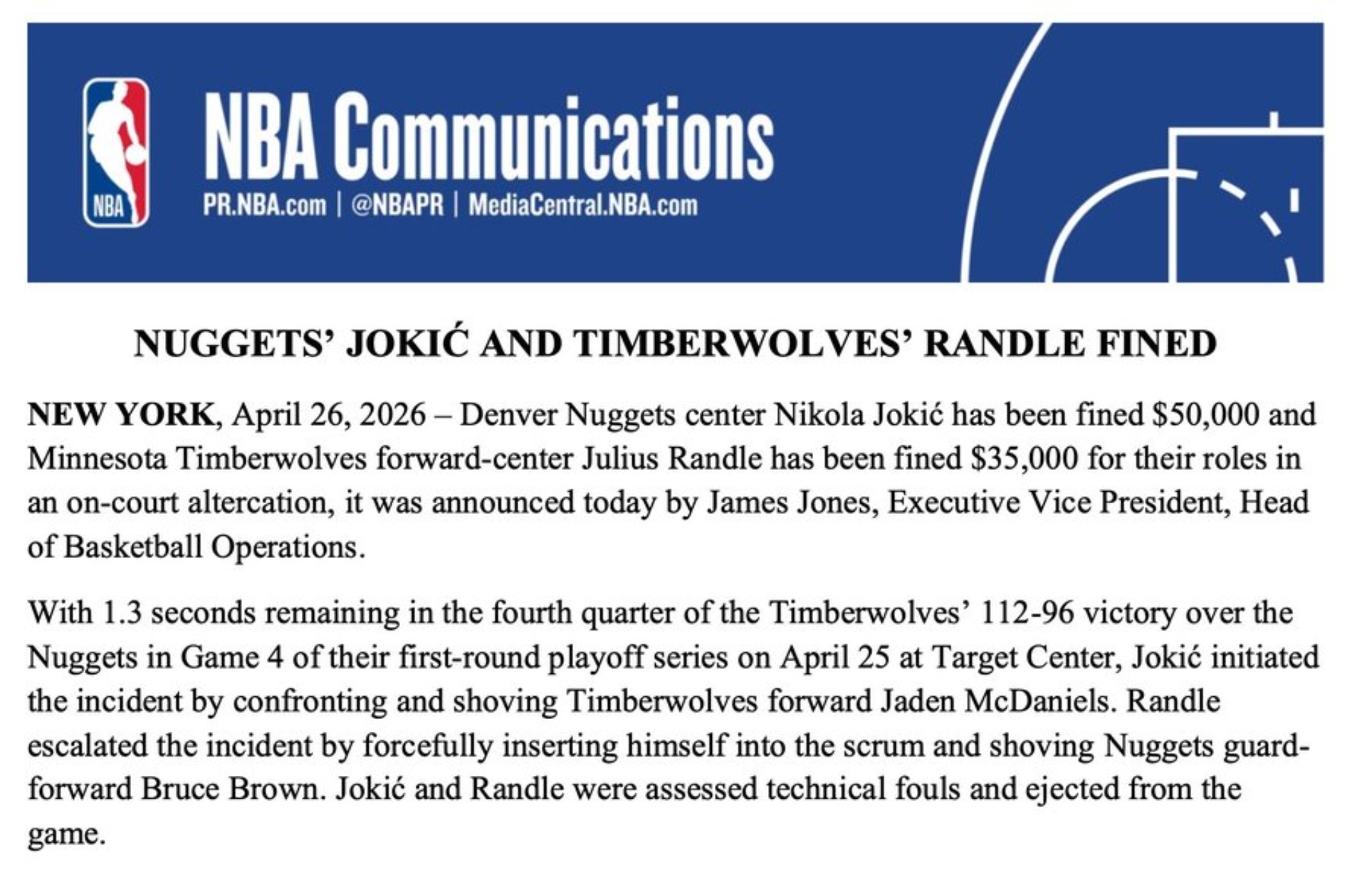 NBA communications with punishments on Randle and Jokic