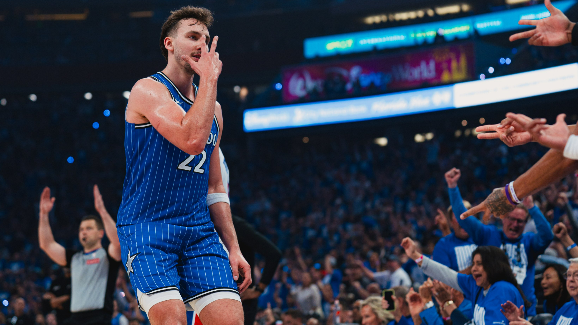 Franz Wagner, the star forward for the Orlando Magic celebrates in front of the Orlando home crowd at the Kia Center.