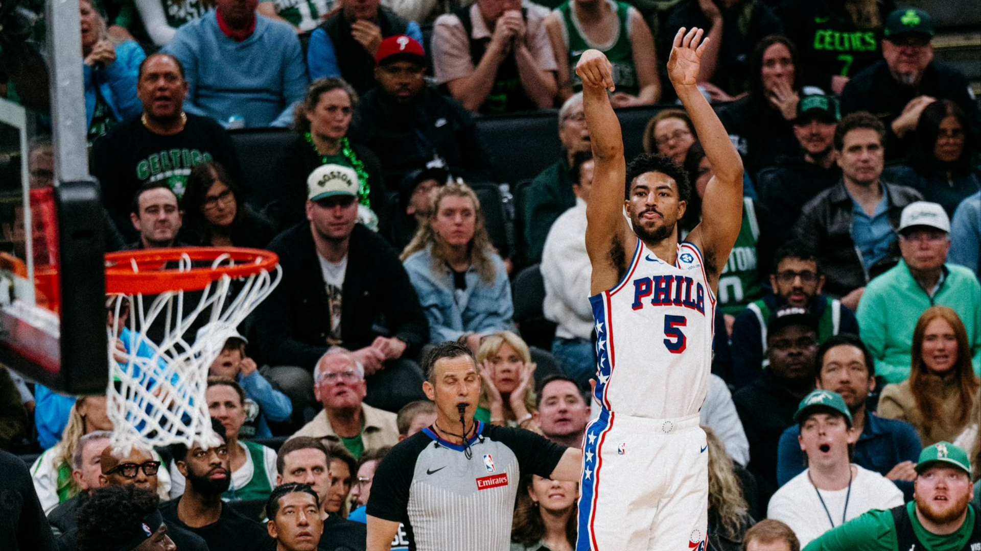 hiladelphia rookie VJ Edgecombe (number 5) connecting on a critical jumper during the 76ers’ dominant 113-97 victory over the Boston Celtics on Tuesday night.