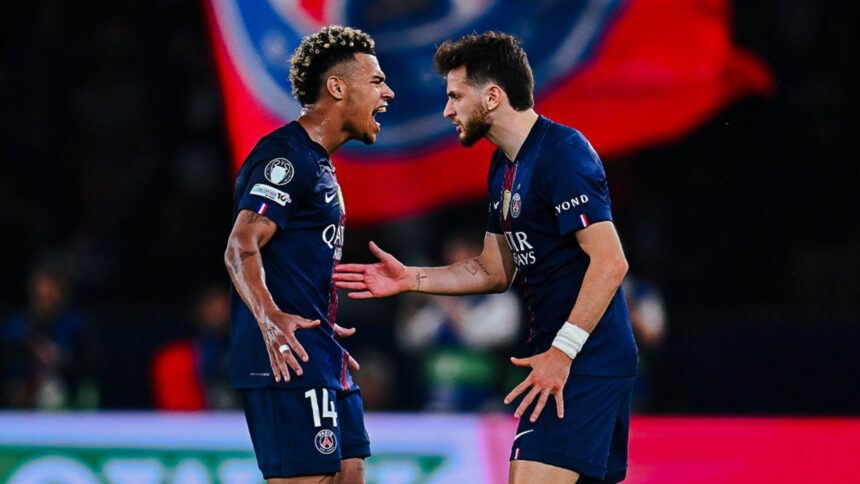 Doue and Kvarastkhelia celebrate after PSG win over Bayern