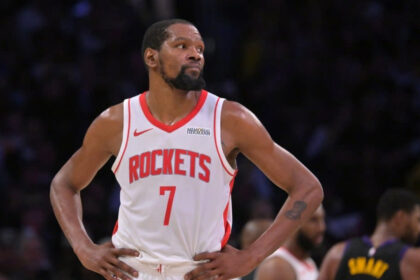 Apr 21, 2026; Los Angeles, California, USA; Houston Rockets forward Kevin Durant (7) looks on from the court in the second half of game two of the first round of the 2026 NBA Playoffs against the Los Angeles Lakers at Crypto.com Arena. Mandatory Credit: Jayne Kamin-Oncea-Imagn Images (Jayne Kamin-Oncea-Imagn Images)