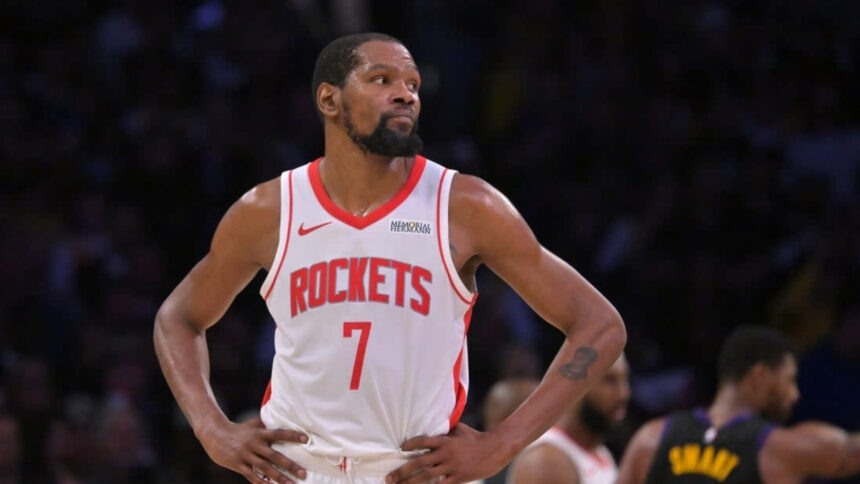 Apr 21, 2026; Los Angeles, California, USA; Houston Rockets forward Kevin Durant (7) looks on from the court in the second half of game two of the first round of the 2026 NBA Playoffs against the Los Angeles Lakers at Crypto.com Arena. Mandatory Credit: Jayne Kamin-Oncea-Imagn Images (Jayne Kamin-Oncea-Imagn Images)