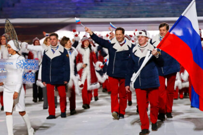 Team Russia with flag bearer Alexander Zubkov during the Opening Ceremony of the Sochi 2014 Olympic Games at the Fisht Olympic Stadium in Sochi, Russia. Photograph: Barbara Walton/EPA