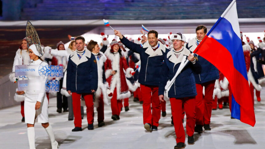 Team Russia with flag bearer Alexander Zubkov during the Opening Ceremony of the Sochi 2014 Olympic Games at the Fisht Olympic Stadium in Sochi, Russia. Photograph: Barbara Walton/EPA