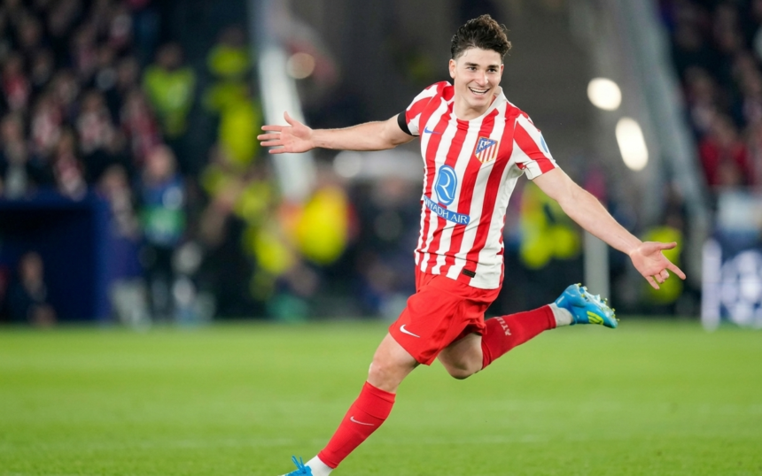 Julian Alvarez celebrating after his goal against Barcelona