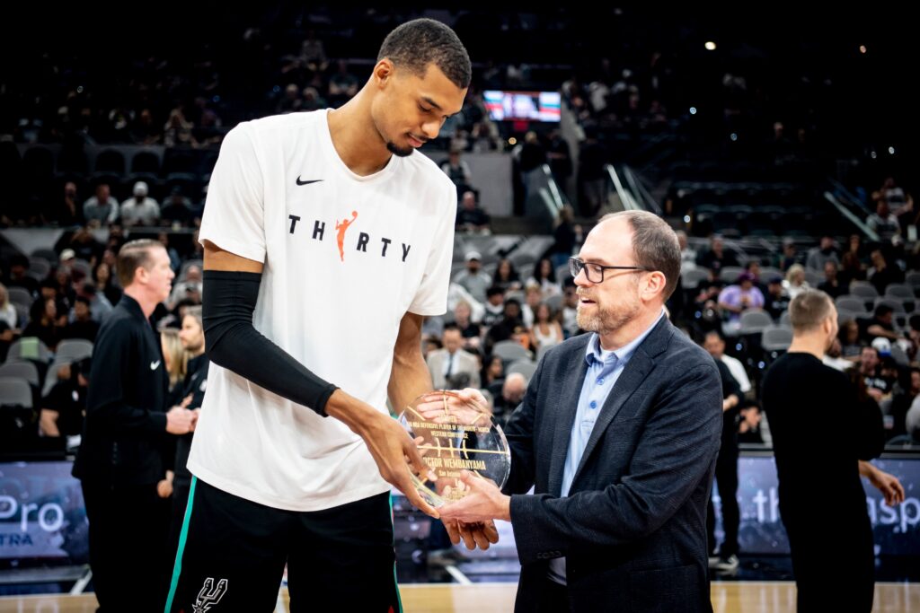 Wembanyama receing NBA defensive player of the month after win over Dallas Mavericks on April 11, 2026