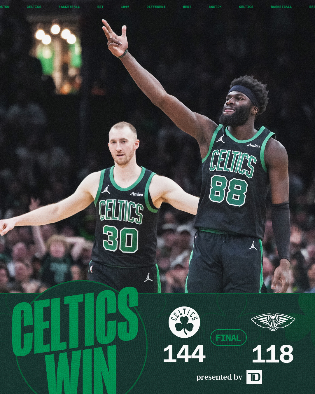 Celtics jubilates after win over New Orleans Pelican on April 11, 2026