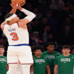 New York Knicks Guard Josh Hart over Boston Celtics Center Nikola Vucevic.