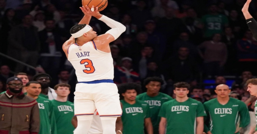 New York Knicks Guard Josh Hart over Boston Celtics Center Nikola Vucevic.