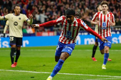 Lookman celebrates after scoring against Barcelona in the second leg of the 2025/2026 UEFA Champion League campaign