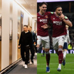 Split-screen image featuring a candid shot of manager Roberto De Zerbi walking through a stadium hallway alongside West Ham United players celebrating a goal against Tottenham Hotspur