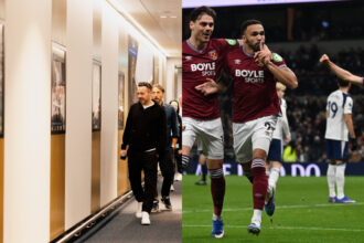 Split-screen image featuring a candid shot of manager Roberto De Zerbi walking through a stadium hallway alongside West Ham United players celebrating a goal against Tottenham Hotspur