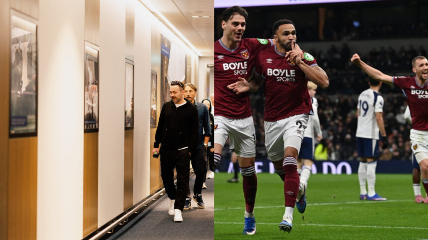 Split-screen image featuring a candid shot of manager Roberto De Zerbi walking through a stadium hallway alongside West Ham United players celebrating a goal against Tottenham Hotspur