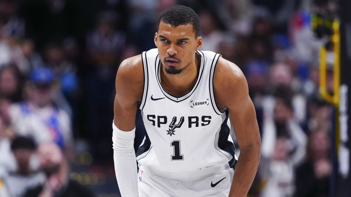 Apr 4, 2026; Denver, Colorado, USA; San Antonio Spurs forward Victor Wembanyama (1) during the second half against the Denver Nuggets at Ball Arena. Mandatory