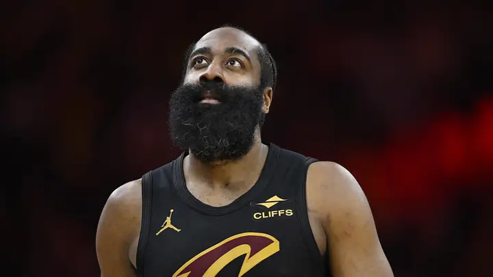Feb 11, 2026; Cleveland, Ohio, USA; Cleveland Cavaliers guard James Harden (1) stands on the court in the fourth quarter against the Washington Wizards at Rocket Arena. Mandatory Credit: David Richard-Imagn Images | David Richard-Imagn Images