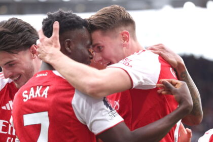 Saka, Gyokeres, Rice and Trossard in jubilant mood afrter Gyokeres goal against Fulham