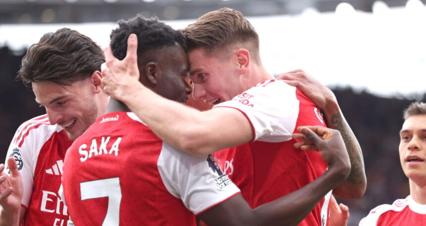 Saka, Gyokeres, Rice and Trossard in jubilant mood afrter Gyokeres goal against Fulham