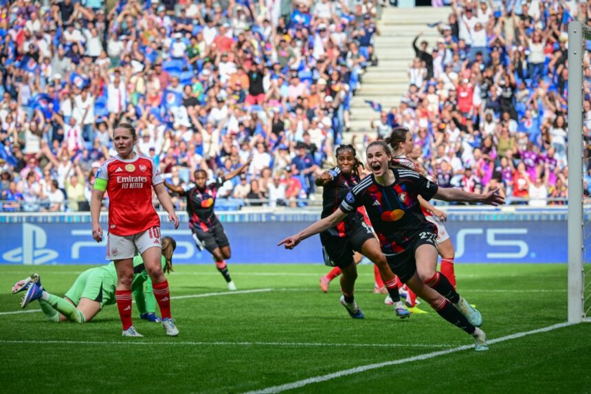 Lyons German forward #29 Jule Brand celebrates after scoring the victory goal during the womens UEFA Champions League second-leg semi-final football match between OL Lyonnes and Arsenal at the Groupama Stadium, in Decines-Charpieu, central-eastern France on May 2, 2026. (Photo by OLIVIER CHASSIGNOLE / AFP)