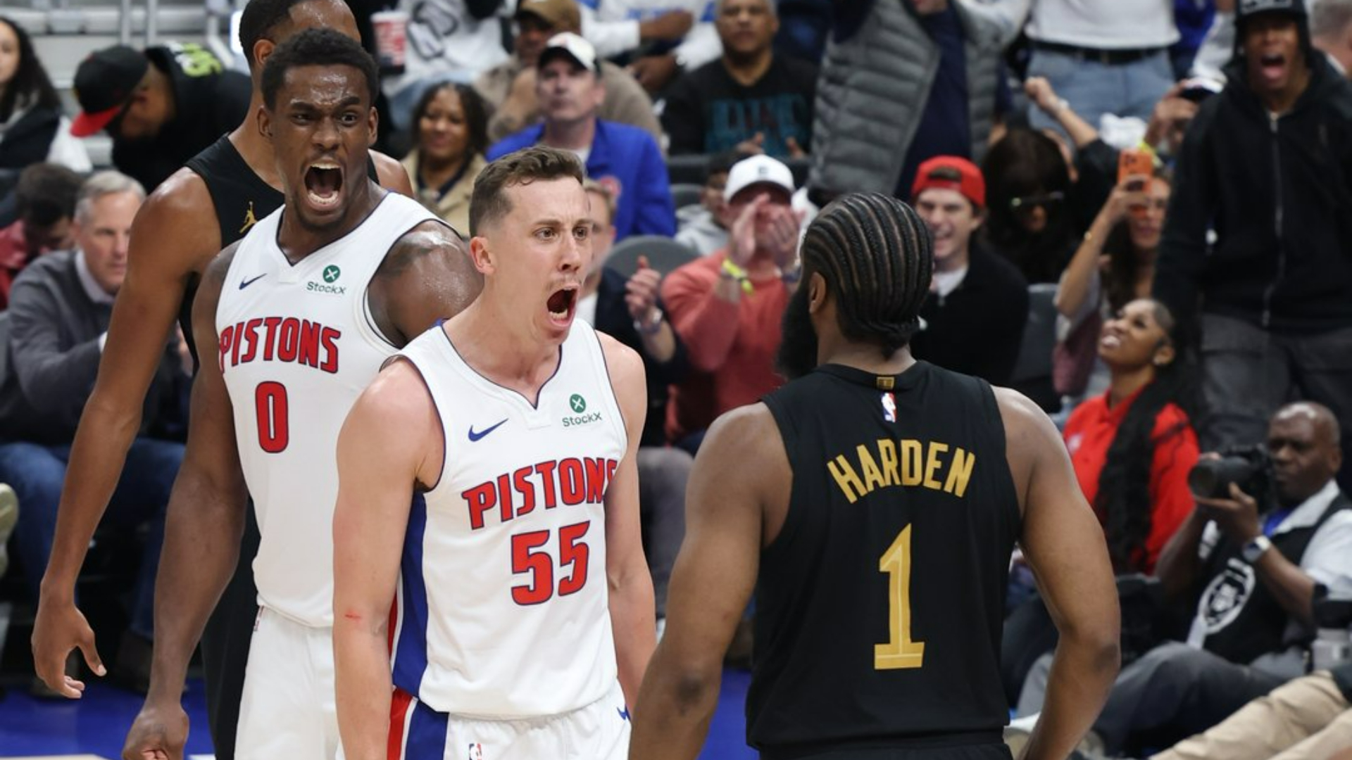 Heated moment from Game 1 of the 2026 Eastern Conference semifinals between the Detroit Pistons' Jalen Duren, Duncan Robinson and the Cleveland Cavaliers' James Harden.