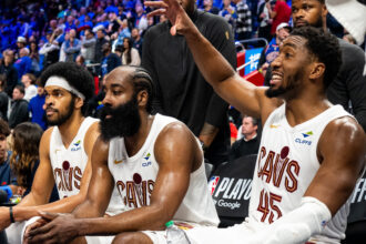 (L-R) - Jarret Allen, James Harden and Donovan Mitchell