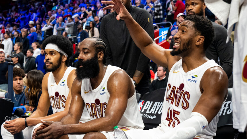 (L-R) - Jarret Allen, James Harden and Donovan Mitchell