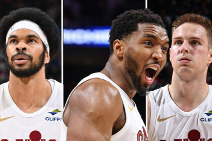 Jarren Allen, Donovan Mitchell and Sam Merrill