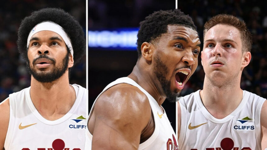 Jarren Allen, Donovan Mitchell and Sam Merrill