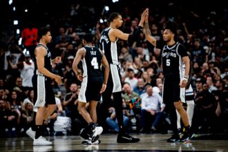 Wembanyama and teammates celebrate after leading series against Timberwolves 3-2