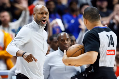 Orlando head coach Jamahl Mosley shouts at referee Curtis Blair during Game 5 of the Magic's first-round playoff series against the Pistons Wednesday in Detroit. [ DUANE BURLESON | AP ]