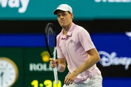 Jannik Sinner of Italy celebrates during his match against Jiri Lehecka of the Czech Republic after beating him in the final of the men’s singles at the Miami Open at the Hard Rock Stadium. Mandatory Credit: Mike Frey-Imagn Images