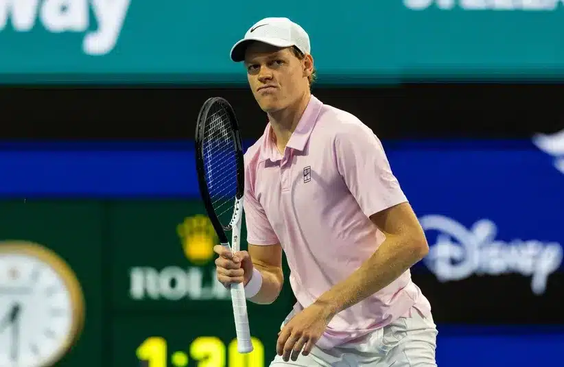 Jannik Sinner of Italy celebrates during his match against Jiri Lehecka of the Czech Republic after beating him in the final of the men’s singles at the Miami Open at the Hard Rock Stadium. Mandatory Credit: Mike Frey-Imagn Images